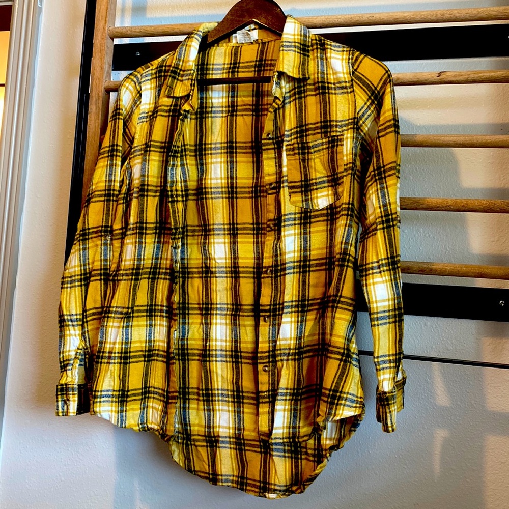 Yellow and black plaid button down shirt